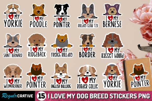 I Love My Dog Breed Png Stickers Bundle
