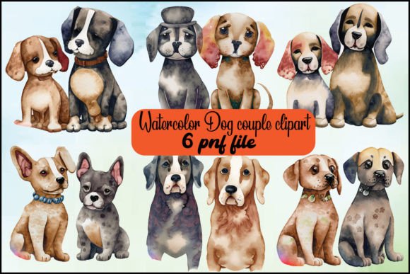 Watercolor Dog Couple Clipart Bundle